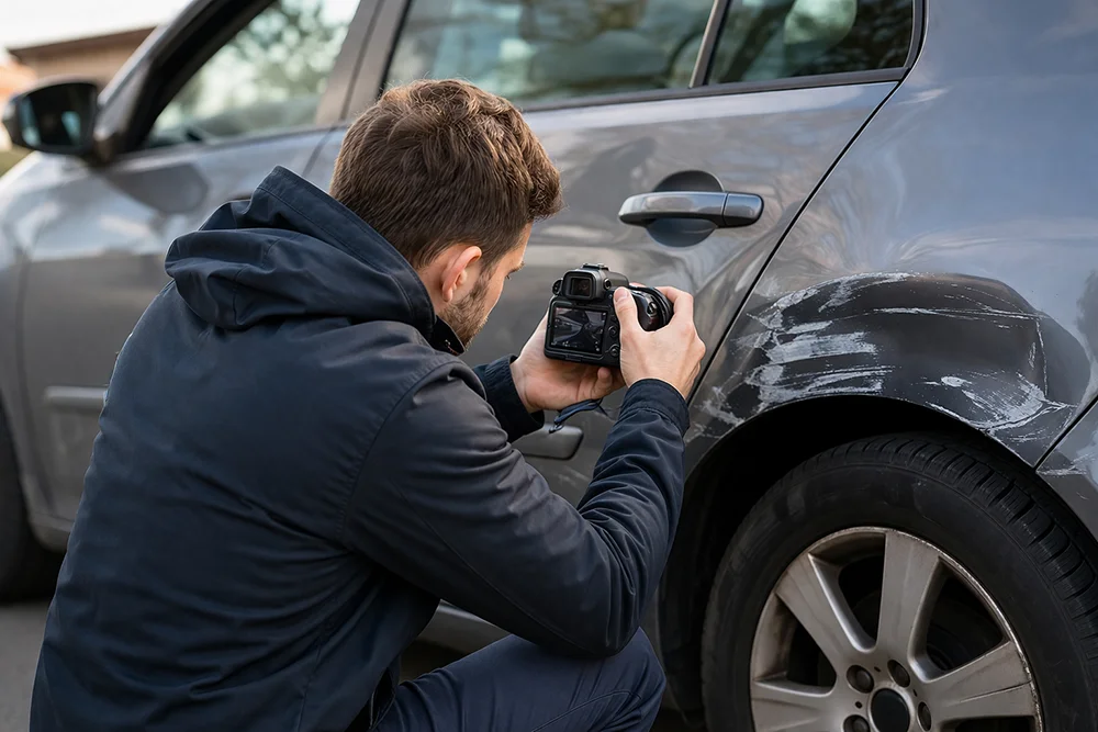Ein KFZ Gutachter fotografiert ein beschädigtes Fahrzeug