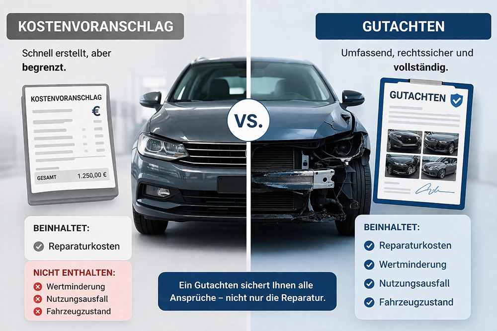 Darstellung eines Unterschied zwischen einem Gutachten und einem Kostenvoranschlag