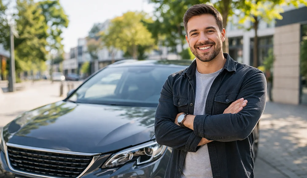 Glücklicher Kunde steht vor seinem Fahrzeug