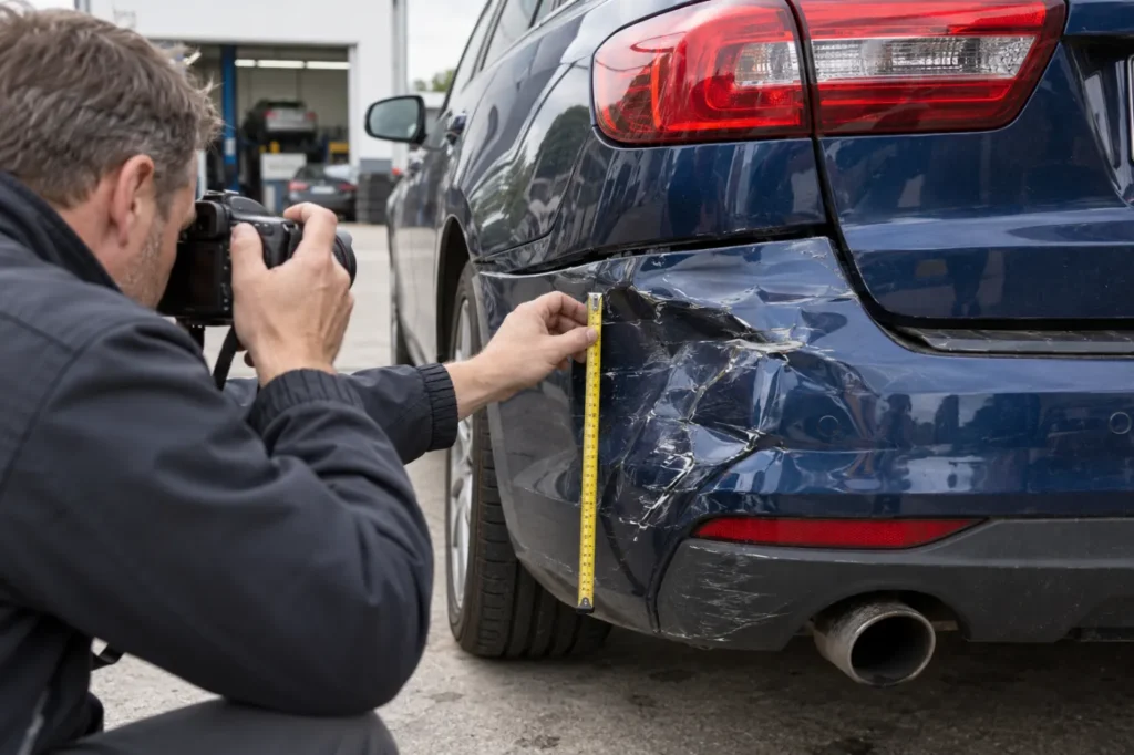 Sachverständiger fotografiert und vermisst einen Heckschaden an einem Pkw