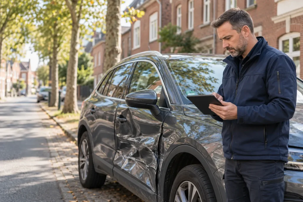 Kfz-Sachverständiger prüft mit dem Tablet einen Seitenschaden an einem SUV