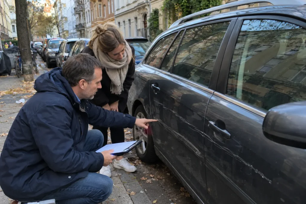 Gutachter und Fahrzeugbesitzerin begutachten einen langen Kratzer an einem geparkten Kombi in einer engen Wohnstraße