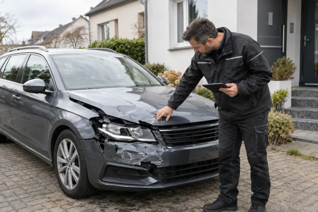 Kfz-Sachverständiger begutachtet den Frontschaden eines Kombis in Neuss