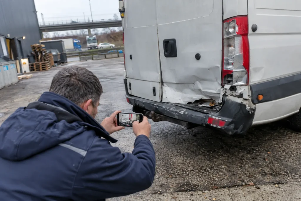 Gutachter fotografiert den Heckschaden an einem Transporter auf einem Parkplatz vor einer Gewerbehalle