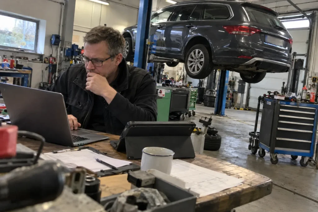 Gutachter erstellt in einer Werkstatt am Laptop und Tablet eine Reparaturkalkulation