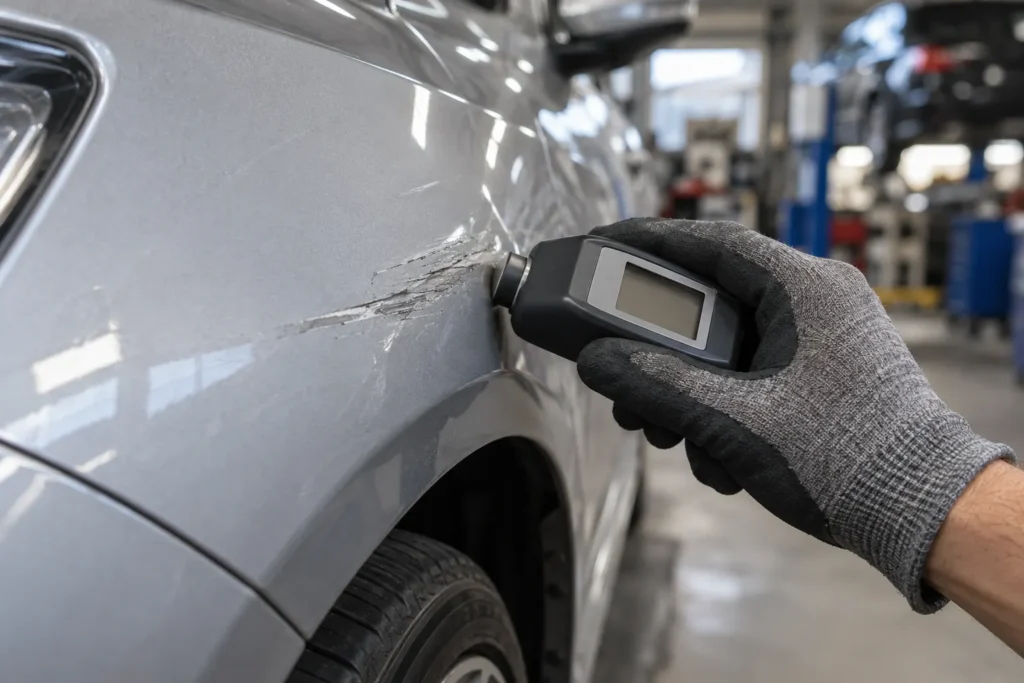 Lackkratzer am Kotflügel wird mit einem Messgerät für das Kfz Kurzgutachten geprüft