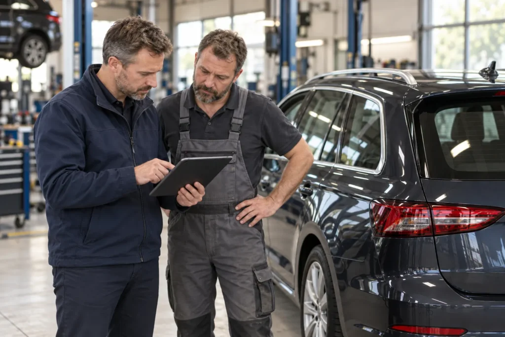 Kfz-Gutachter und Werkstattmeister besprechen die abgeschlossene Reparatur am Tablet