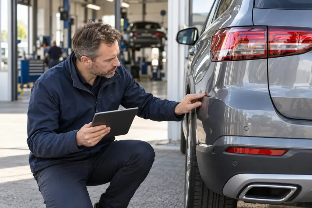 Kfz-Sachverständiger prüft die reparierte Heckstoßstange eines SUV in der Werkstatt für die Reparaturbestätigung