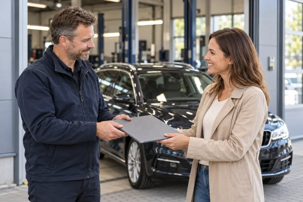 Kfz-Sachverständiger übergibt einer Kundin die Reparaturbestätigung in der Werkstatt