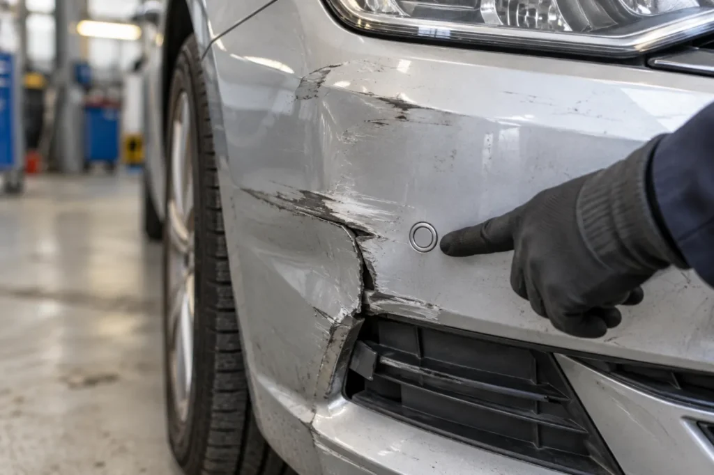 Gutachter zeigt auf einen Parksensor in einer beschädigten Stoßstange