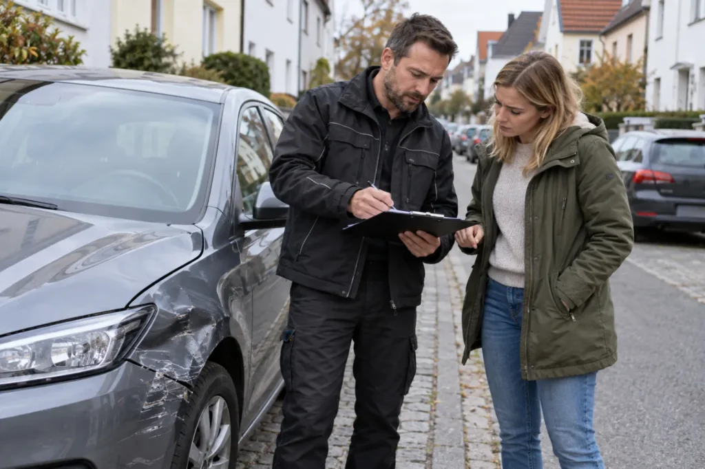 Gutachter bespricht Unterlagen mit einer Geschädigten neben einem beschädigten Auto