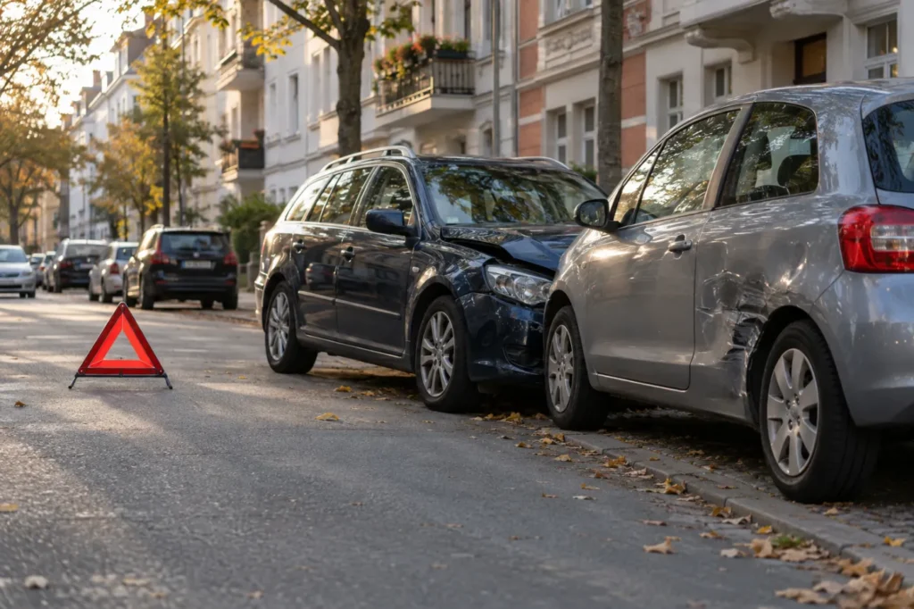 Unfallstelle mit zwei beschädigten Pkw und Warndreieck an einer Stadtstraße