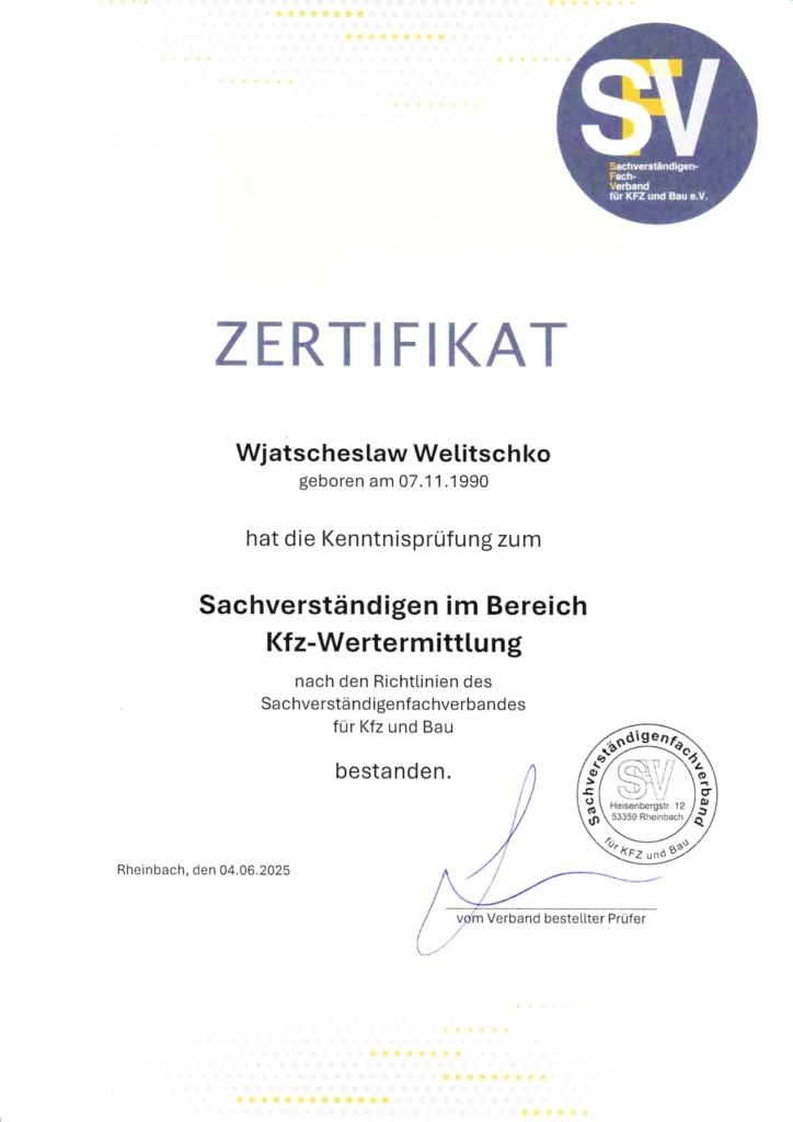 Zertifikat für Kfz-Schadengutachten, Seite 1