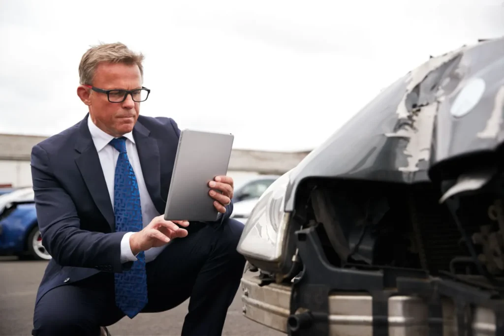 Gutachter untersucht ein beschädigtes Auto mit dem Tablet im Freien