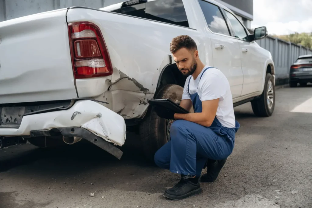 Mechaniker prüft ein beschädigtes Fahrzeug mit dem Tablet